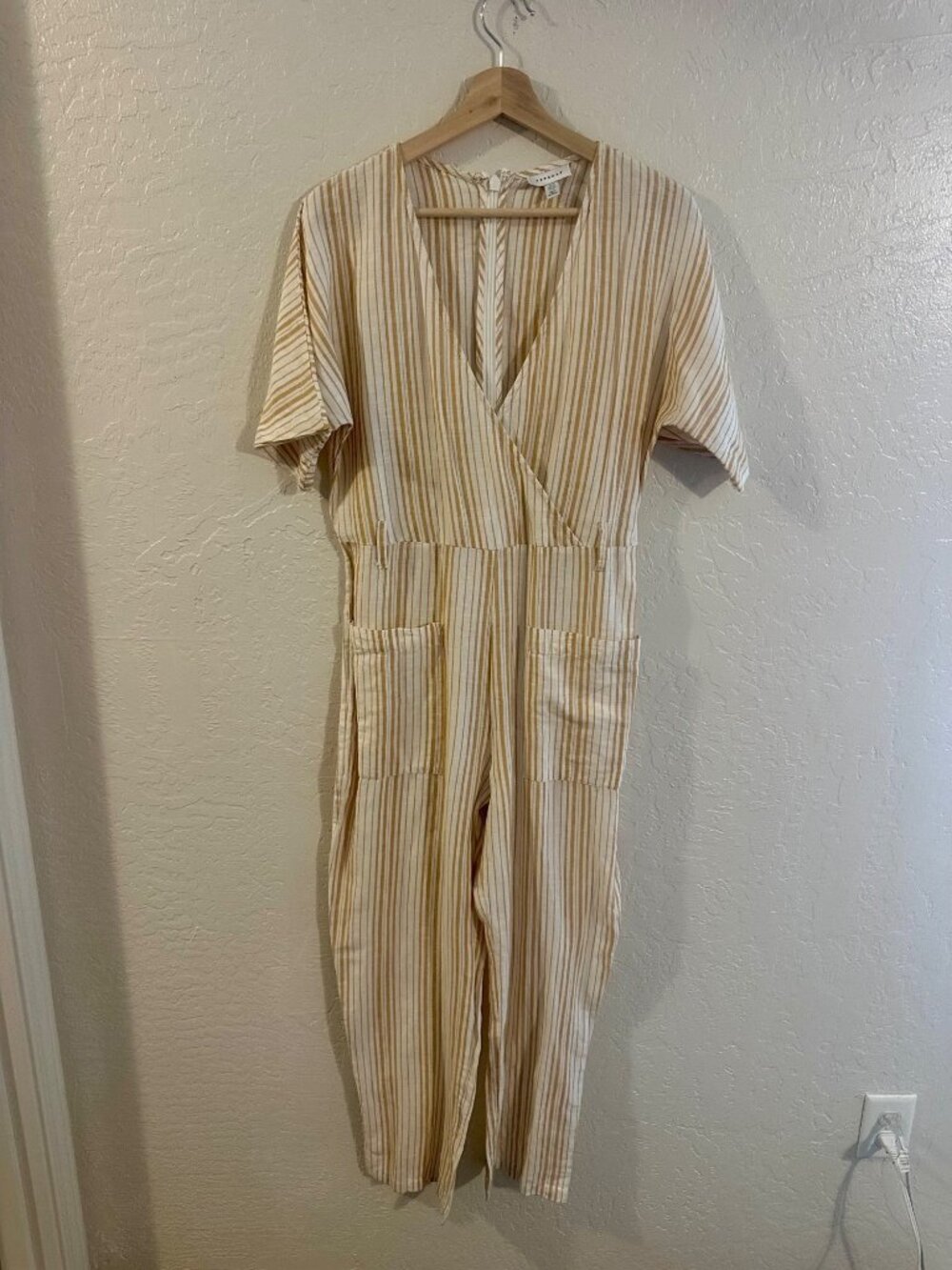 Topshop Cotton Linen Butter Yellow Striped Short Sleeve Jumpsuit